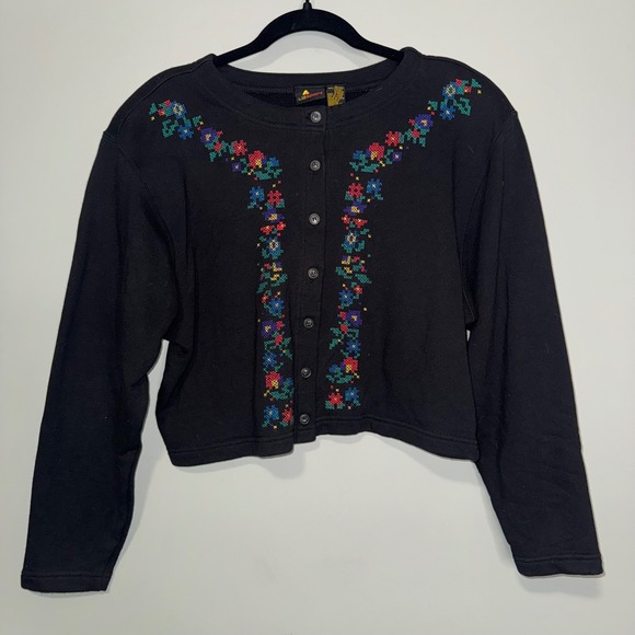 Lizsport Sweaters - Lizsport Vintage Black Cotton Floral Cross Stitch Embroidered Cardigan Sweater M